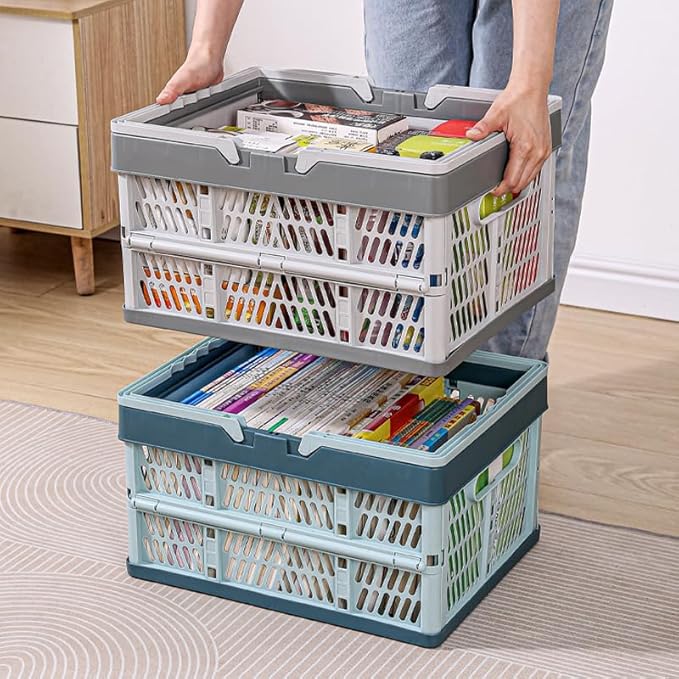 Domiella 2-Pack Foldable Storage Baskets, Collapsible PP Crates with Handles - 20L Capacity, Strong and Portable for Home Organization, Picnic and Shopping, Blue