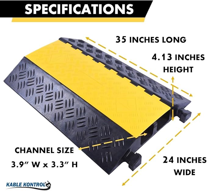 Kable Kontrol Atlas Heavy Duty Cable Protector Ramp - 2 Channel - 1 Pc - 35” Long Black & Yellow – 32000 Lbs Capacity - Rubber Speed Bump Wire Protector Cord Cover – CP9985