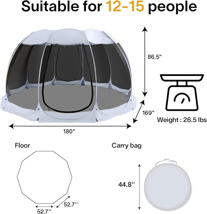 Alvantor Screen House Gazebo, 6-10-15 Person Pop Up Igloo Screened Canopy Tent with Mosquito Netting Sides, Instant UV Resistant Sun Shelter for Garden, Patio, Backyard