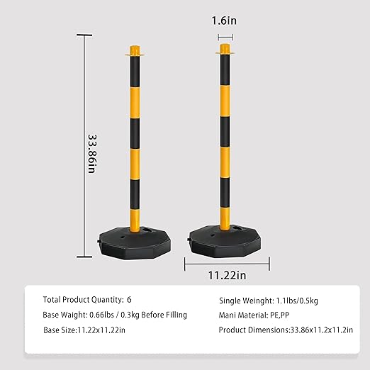 Adjustable Traffic Delineator Post Cones,10 Pack 34Inch,Traffic Safety Delineator Barrier with Fillable Base 6.6FT Chain,for Traffic Control Warning Parking Lot Construction Caution Roads,Yellow&Black