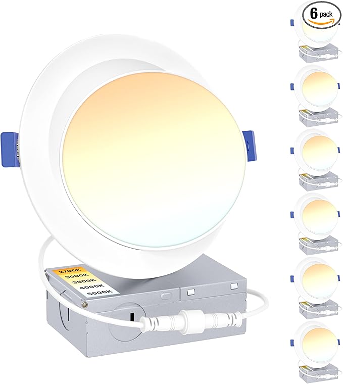 Ensenior 6 Pack 6 inch Gimbal Led Recessed Lighting, 90° Rotatable and 5CCT Selectable, Dimmable Eyeball Recessed Lights, Angled Adjustable Ceiling Downlight, 1200LM, 12W=115W-ETL&FCC Certified