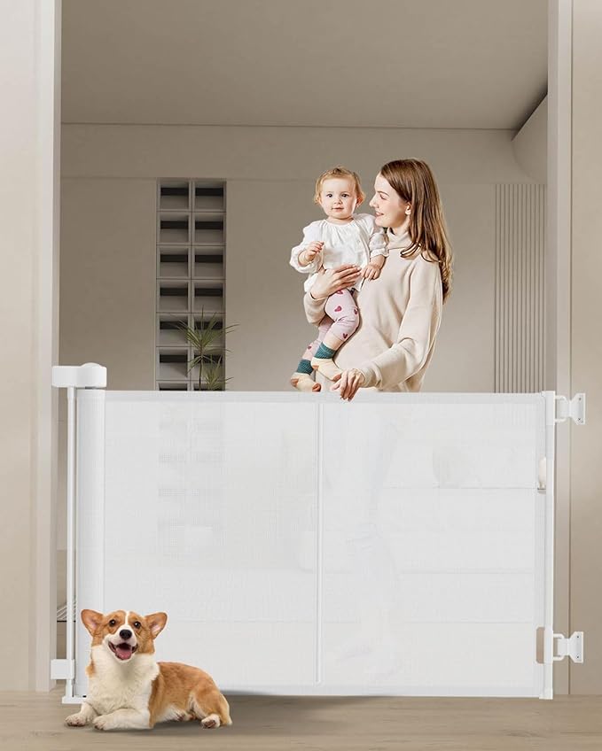 50 inch Retractable Baby Gates 34 inch Tall, Retractable Gate with Reinforced Strip Design to Prevent Crawling Through, Retractable Dog Gate for Stairs, Doorways, Hallways