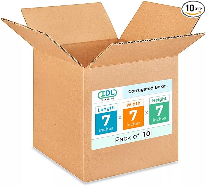 IDL Packaging - B-777-10 Cube Corrugated Shipping Boxes 7"L x 7”W x 7"H (Pack of 10) - Excellent Choice of Sturdy Packing Boxes for USPS, UPS, FedEx Shipping