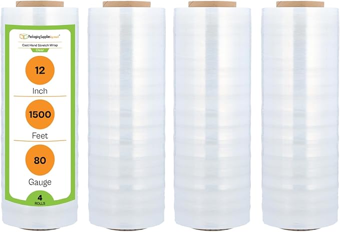 PSBM 4 Rolls 12 Inch x 1500 Feet 80 Gauge Stretch Film/Wrap Heavy Duty, Industrial Strength Clear Shrink Wrap for Shipping, Packaging, Moving, Bundling or Storage