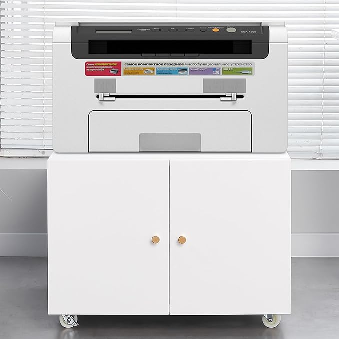 Metal Printer Stand with Storage, Heavy Duty 3D Printer Cabinet on Wheels for Home Office, Table for Printers with Adjustable Shelf Under Desk File Cabinet White 17.7''H