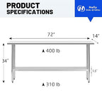 Hally Stainless Steel Table for Prep & Work 14 x 72 Inches, NSF Commercial Heavy Duty Table with Undershelf and Galvanized Legs for Restaurant, Home and Hotel