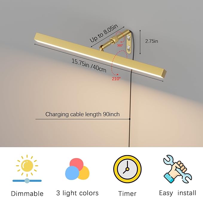 Plug in Picture Lights for Wall, 16 inch Dimmable LED Art Light with Remote, 3 Colour Temperature Gallery Painting Wall Light for Picture Display Dartboard Art Work (Gold)