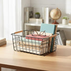 Metal Black Wire Basket,Food Storage Basket Organizer with Wooden Handles for Organizing,pantry and organizers Kitchen Cabinets Shelf potato onion, 4 Packs-Black