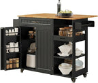 Gizoon Kitchen Island with Storage, Kitchen Island with Drop Leaf, 41.7’’W Rolling Dining Cart, Foldable Countertop, 5 Wheels, Refrigerator Door, Adjustable Shelves, Spice/Towel Rack, Black