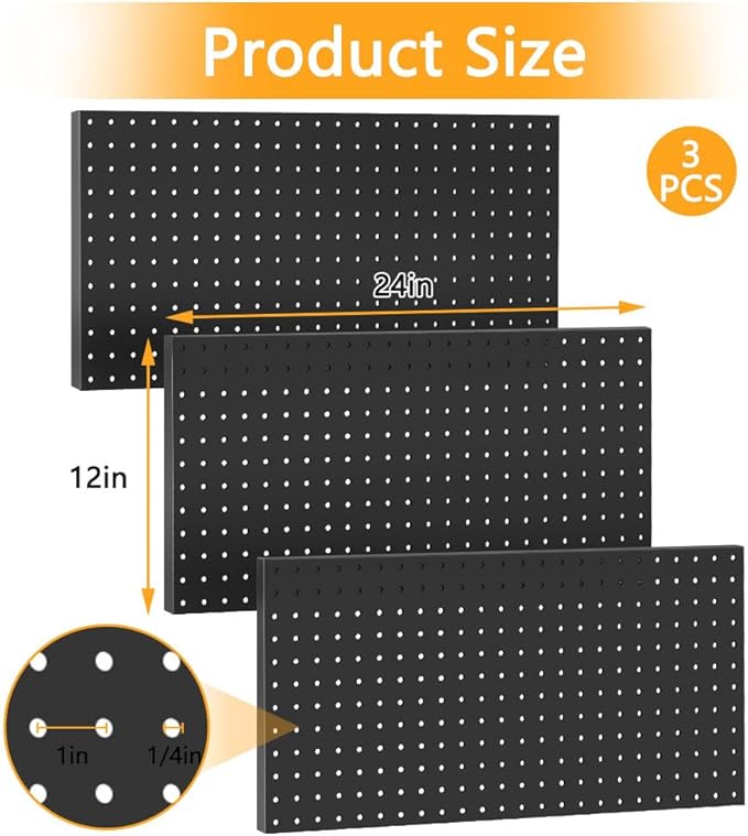3pcs Heavy Duty Metal Pegboard Panels, Garage Wall Mounted Tool Organizer Peg Board for Garage, Workshop Storage and Workbench (Black)