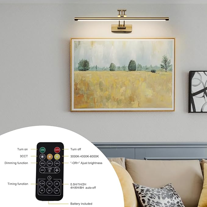 Picture Light Battery Operated with Remote LED Dimmable Picture Light for Paintings, Brass Rechargeable 24 inch Battery Operated Wall Sconce for Art Lighting Gallery Portrait Artwork