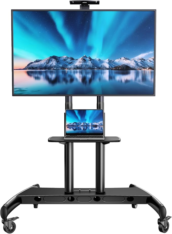 PERLESMITH Mobile TV Stand for 55-90 Inch Flat/Curved Screen TV Max VESA 800x500mm Outdoor TV Cart with Height Adjustable AV Shelf- UL Certificated Rolling Floor TV Stand Holds up to 200Lbs (PSTVMC07)