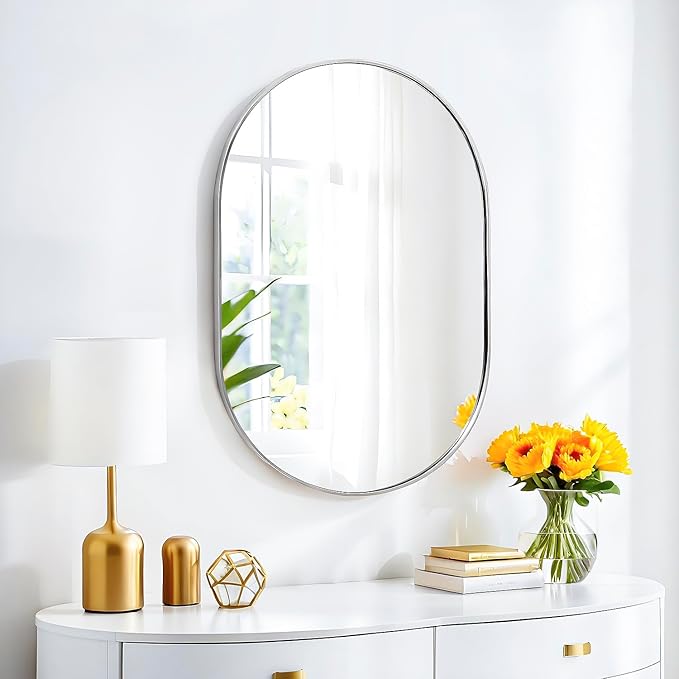 30x20 Mirror Runway Oval Wall Mounted Aluminum Alloy Metal Frame Rectangle Mirrors for Entryway Bedroom Bathroom Living Room 30 20 inch Silver