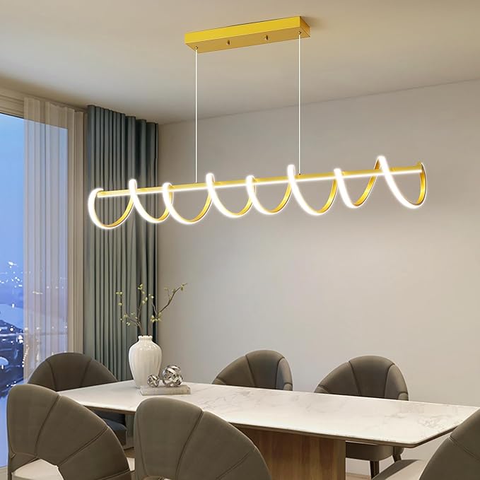 Modern Design Dimmable Desk Linear Pendant Light, with Remote Control Dimmable 3 Color Mode & Brightness Ceiling Lamp, Anti-Flicker Dining Light Fixture for Kitchen（47IN，Gold）