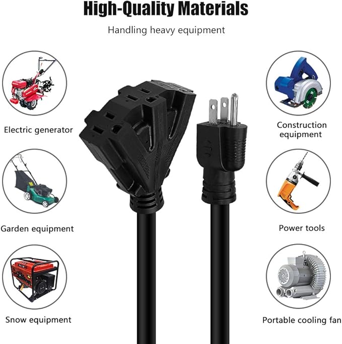 15FT 12/3 Outdoor Extension Cord, Heavy Duty 3-Outlet SJTW Indoor/Outdoor Three-Prong Power-Cord 12-Gauge Grounded 15-Amp 1875 Watts