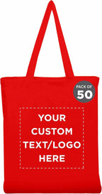 DISCOUNT PROMOS Custom Cotton Canvas Tote Bags Set of 50, Personalized Bulk Pack - Reusable, Great for Shopping, Grocery, Beach, Picnic, Wedding Favors - Red