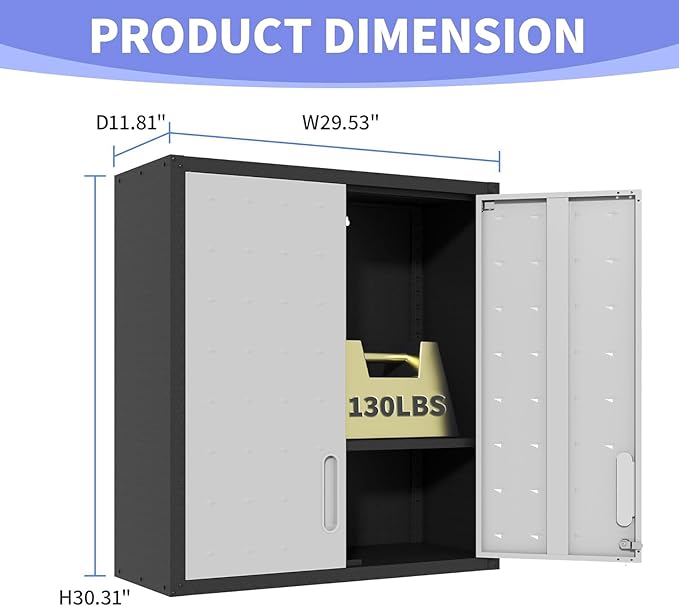 Metal Garage Wall Cabinet with Lock, Wall Mounted Metal Storage Cabinets with Doors and Shelf, Lockable Floating Tool Storage for Garage Basement Utility Room