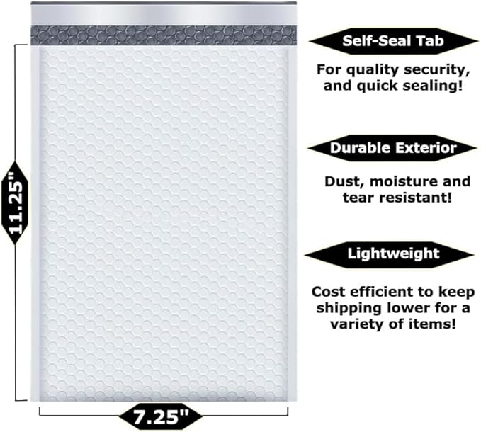25-Pack 7.25x11.25" White Poly Bubble Mailers, Padded Shipping #1 Envelopes Self Seal Tear Resistant Lightweight Mailing Bags for Small Business, Books, DVDs, Gifts