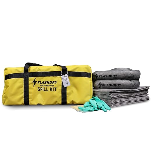 Flashdry Portable Complete Spill Kits Includes Yellow Duffle, Bag Tag, 15 Spill Absorbent Pads, 2 3" x4' Sorbent Socks, Disposal Bags, Nitrile Gloves - 12 Pack