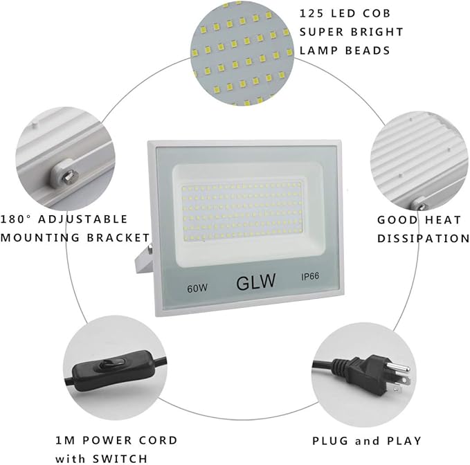 LED Flood Lights 60W 3 Pack, 6000lm Super Bright Floodlight IP66 Waterproof Outdoor Security Work Light with Plug, 6000K Daylight White Light for Garden Backyard Playground Yard Garage