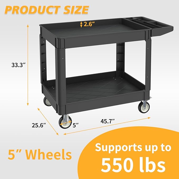 Utility Cart on Wheels, 2 Shelf Heavy Duty Plastic Rolling Cart, 550LBS Capacity Service Carts for Warehouse, Garage, School, Kitchens, Office(Black, 45.7)