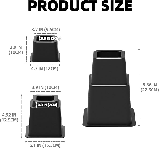3, 5 or 8 inch Bed Risers Heavy Duty, Adjustable Furniture Risers for Bed, Sofa, Table, Chair, Support up to 1500 Lbs (Set of 9, Black)
