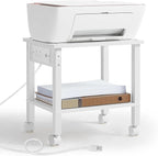 2 Tier Under Desk Printer Stand with Storage, Small Printer Table with Charging Station, Rolling Printer Cart Shelf with Lockable Wheels for Home, Office (White)