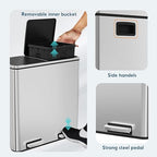 Arlopu Dual Trash Can, 2 x 8 Gallon (2 x 30 L) Hands-Free Trash and Recycle Bin Combo, Stainless Steel Kitchen Garbage Can with Soft-Close Lid, Removable Inner Buckets, Step Pedal, Airtight (Silver)