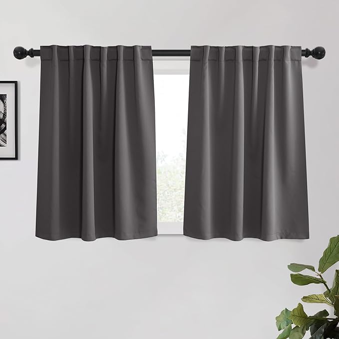 KGORGE Small Window Curtains 45 inch, Blackout Privacy Thermal Insulation Noise Reducing Grommet Curtain Drapes for Basement Kids Room Nursery Kitchen, W34 x L45 inches, Grey, 2 Panels