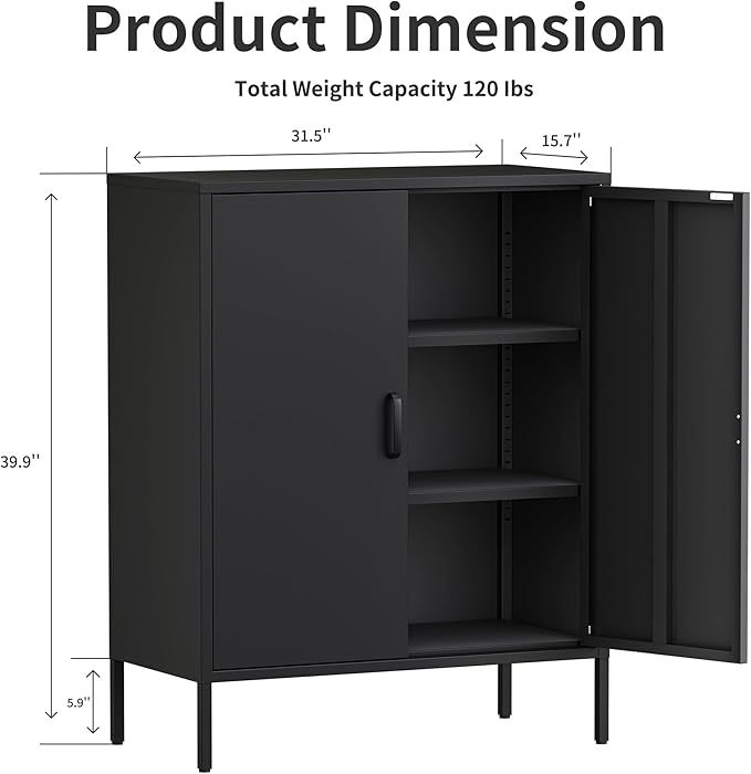 Metal Storage Cabinet with Doors and Shelves,Multipurpose Storage Rack, 3-Tier Shelf,Metal Locker Style Accent Cabinet for Home Office,Living Room,Kitchen (Black, 40''H)