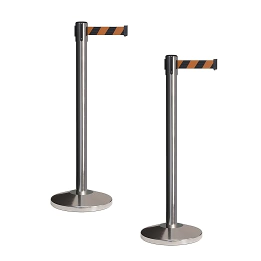 CCW Set of 2 Retractable Belt Barriers Stanchion, Polished Stainless Steel Post, RBB-100 (9 Foot Belt, Black and Orange Diagonal Belt)