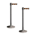 CCW Set of 2 Retractable Belt Barriers Stanchion, Polished Stainless Steel Post, RBB-100 (9 Foot Belt, Black and Orange Diagonal Belt)