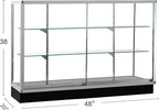 48”D * 20”W * 38”H - Freestanding Retail LED Full Vision Glass Display Case, Black Aluminum Frame, Two Adjustable Height Tempered Glass Shelves