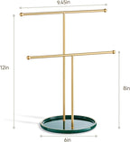 Gold Jewelry Holder Stand with Ceramic Tray: Small Hanging Necklace Organizer Tree for Earrings, Bracelets, Rings – Jewelry Display Hanger for Women & Girls, Green