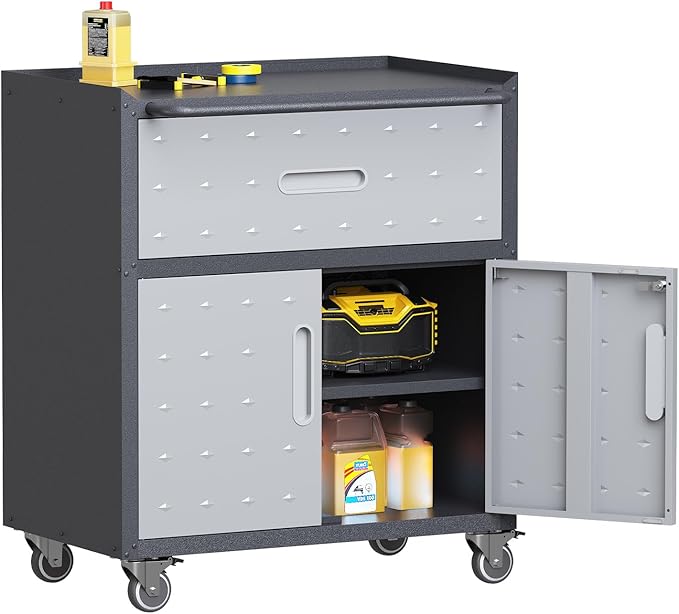 Metal Storage Cabinet with Wheels, Rolling Tool Chest with Adjustable Shelf & Handle, Lockable Garage Cabinet with 1 Drawer and 2 Doors, Mobile Steel Locker for Office, Workshop, Black&Grey