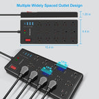 Surge Protector Power Strip 10 ft cord-15 Widely Spaced Outlets and 4 USB Ports(1 USB C Port),14 AWG Extension Cord,1875W/15A Heavy Duty Power Strip Surge Protector 10 ft Cord,2800J,Black