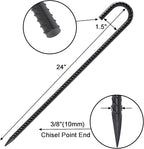VVOKGO Rebar Stakes 24 Inch J Hook Heavy Duty Ground Anchors (32pcs), 3/8 Inch Diameter Metal Steel Extra Long Fence Stakes with Chisel Point End for Greenhouse, Gazebo, Carport, Camping Tents, Black