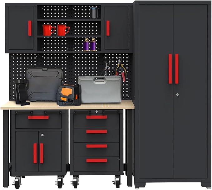 Garage Cabinets Storage System，12PCS Workshop Set with Steel Cabinet Drawers, Rolling Chest, Workbench, Pegboard for Tool Organization