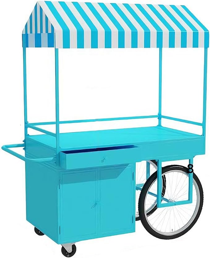 Food Cart for Business with Striped Canopy, Mobile Display Stand with Storage Drawers, for Street Food, Farmers Markets, Outdoor Events (Blue, 39.37 * 27.56 * 78.74in)