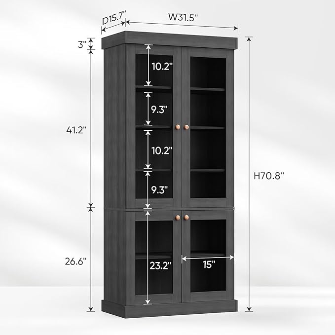 Vyre 70.8" Tall Black Bookshelf with Glass Doors, Farmhouse Modular Bookcase with 6-Tier Adjustable Shelves, Large Storage Cabinet for Home Office, Living Room