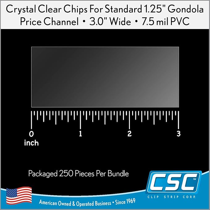 Clip Strip Corp. Price/Data Channel Label Holder Chips, Clear Plastic Tags, 3" L x 1.25" H, 7.5 Mil Thick, Gondola Shelf Edge, Reusable, Made for Point of Purchase Shelf Molding (500)