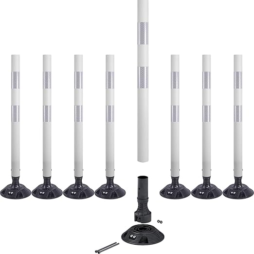 8 Pack Traffic Delineator Post Cones, High Visibility 3M Reflective Tapes, Flexible Spring Post with Detachable Base, for Highway Road Safety, Garage, Parking Lot (White, 36")