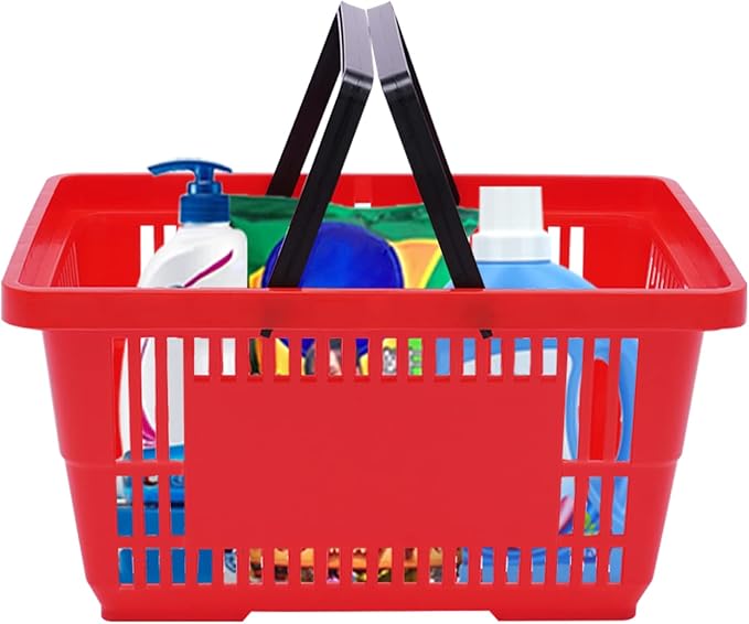 12PCS Shopping Baskets with Handles, 21L Plastic Grocery Basket for Retail Store, Supermarket, Grocery Shopping |17" x 12" x 9" Portable Shop Basket (Red)