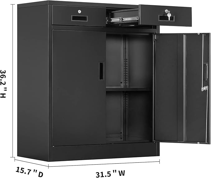 Metal Storage Cabinet, 36" H Locking Storage Cabinet with 2 Drawers and Adjustable Shelf, Metal Cabinets for Office, Garage, Home-Black
