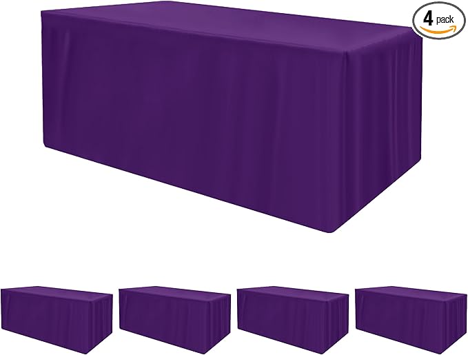 HolidayIdeas Fitted Tablecloths for 6 Foot Rectangle Table, Wrinkle Resistant Washable Table Cover 30x72 Inch for Vendor Booth Display, Banquet, Trade Show, Purple, 4 Pcs