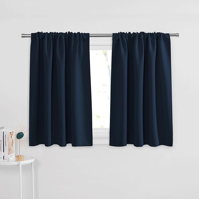 PONY DANCE Short Curtains for Kitchen - Home Decor Rod Pocket Thermal Insulated Window Treatments Light Block Panels for Bathroom, 42 W x 36 L, Navy Blue, Set of 2