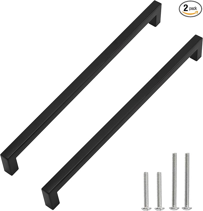Matte Black Square Drawer Pulls, 2 Pack 12-3/5 Inch Stainless Steel Kitchen Cupboard Handles, 320mm Hole Centers