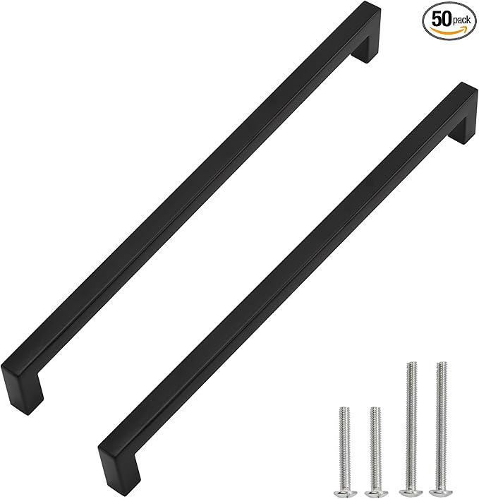 Cabinet Pulls Matte Black Cabinet Handles Square Drawer Pulls, 50 Pack 12-3/5 Inch Stainless Steel Kitchen Door Cupboard Cabinet Handles, Drawer Hardware Handles, 320mm Hole Centers