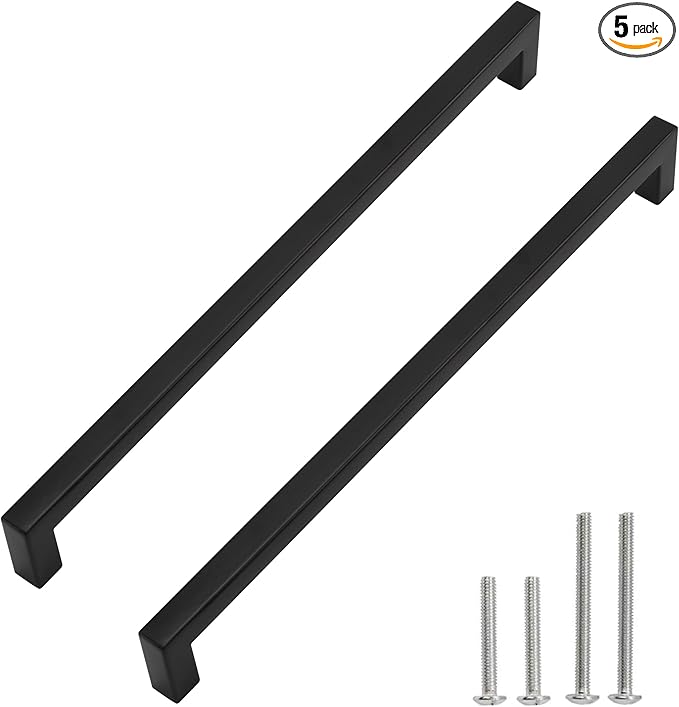 Matte Black Square Drawer Pulls, 5 Pack 12-3/5 Inch Stainless Steel Kitchen Cabinet Handles, 320mm Hole Centers