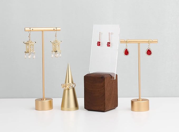 GemeShou Gold Metal Small Earring T Bar Stand Retail Display Holder, Retail Jewelry photography props for Show【Gold-Round Base Height 4.5"】
